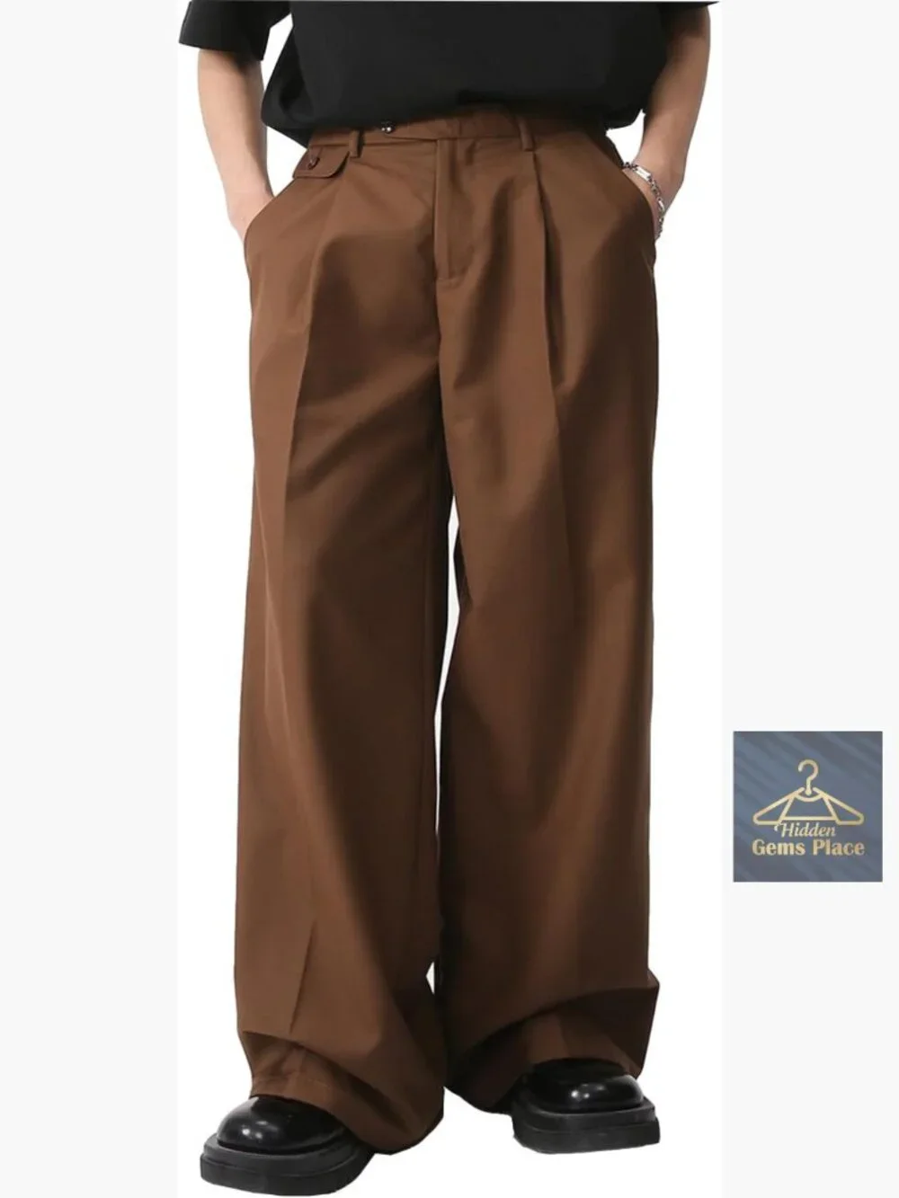 Men's Baggy Dress Pants Zipper Fly Pleated Wide Leg Trousers with Pockets
